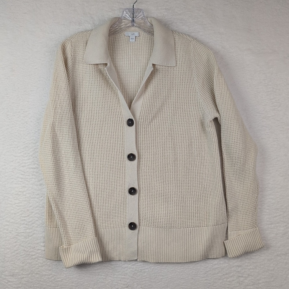 J Jill Waffle Knit Cardigan Sweater Sz Small Collared Button Ivory‎ Cream